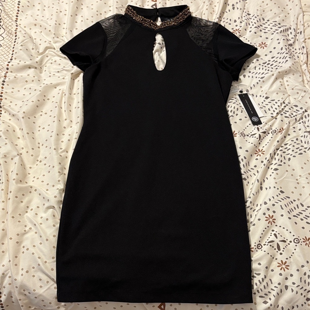 As U Wish Black Mini Dress with Lace and Beaded Collar